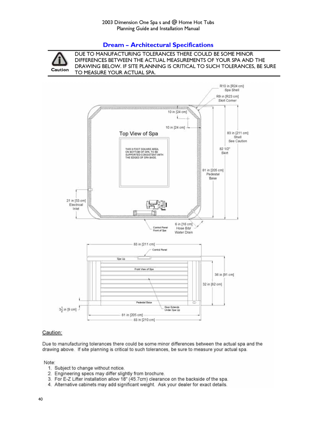 Dimension One Spas Hot Tub manual Dream Architectural Specifications 