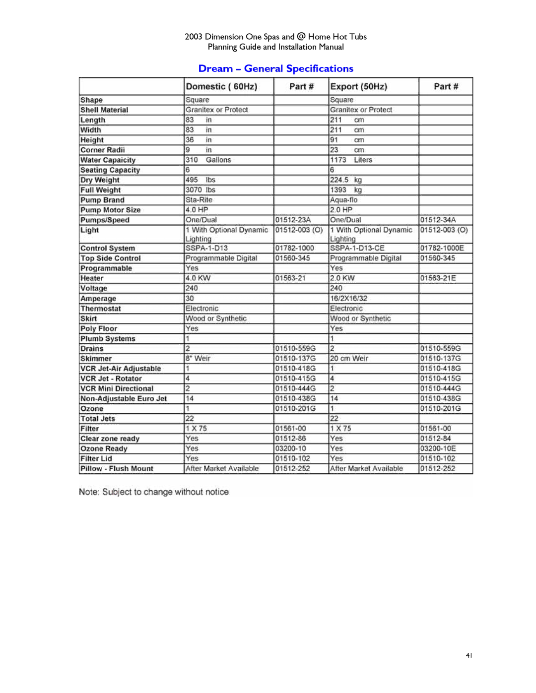 Dimension One Spas Hot Tub manual Dream General Specifications 