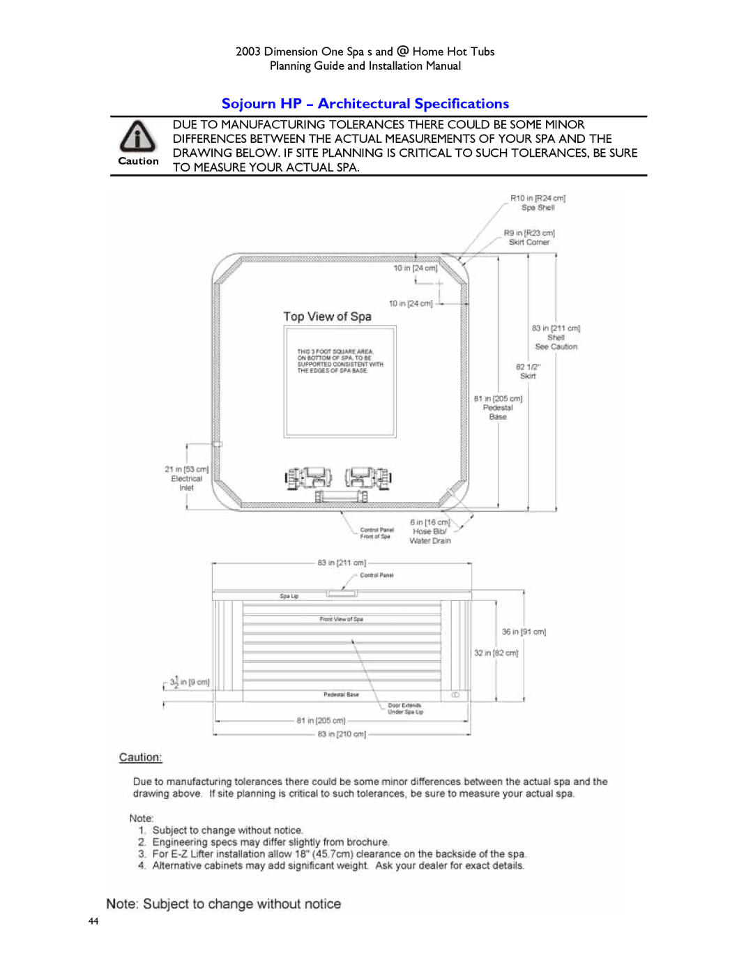 Dimension One Spas Hot Tub manual Sojourn HP Architectural Specifications 