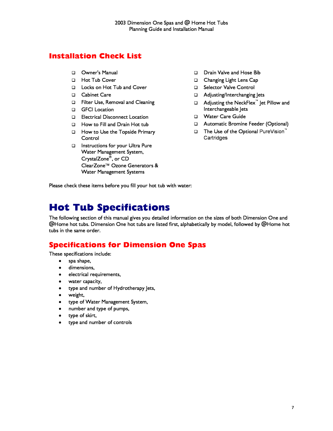 Dimension One Spas manual Hot Tub Specifications, Installation Check List, Specifications for Dimension One Spas 