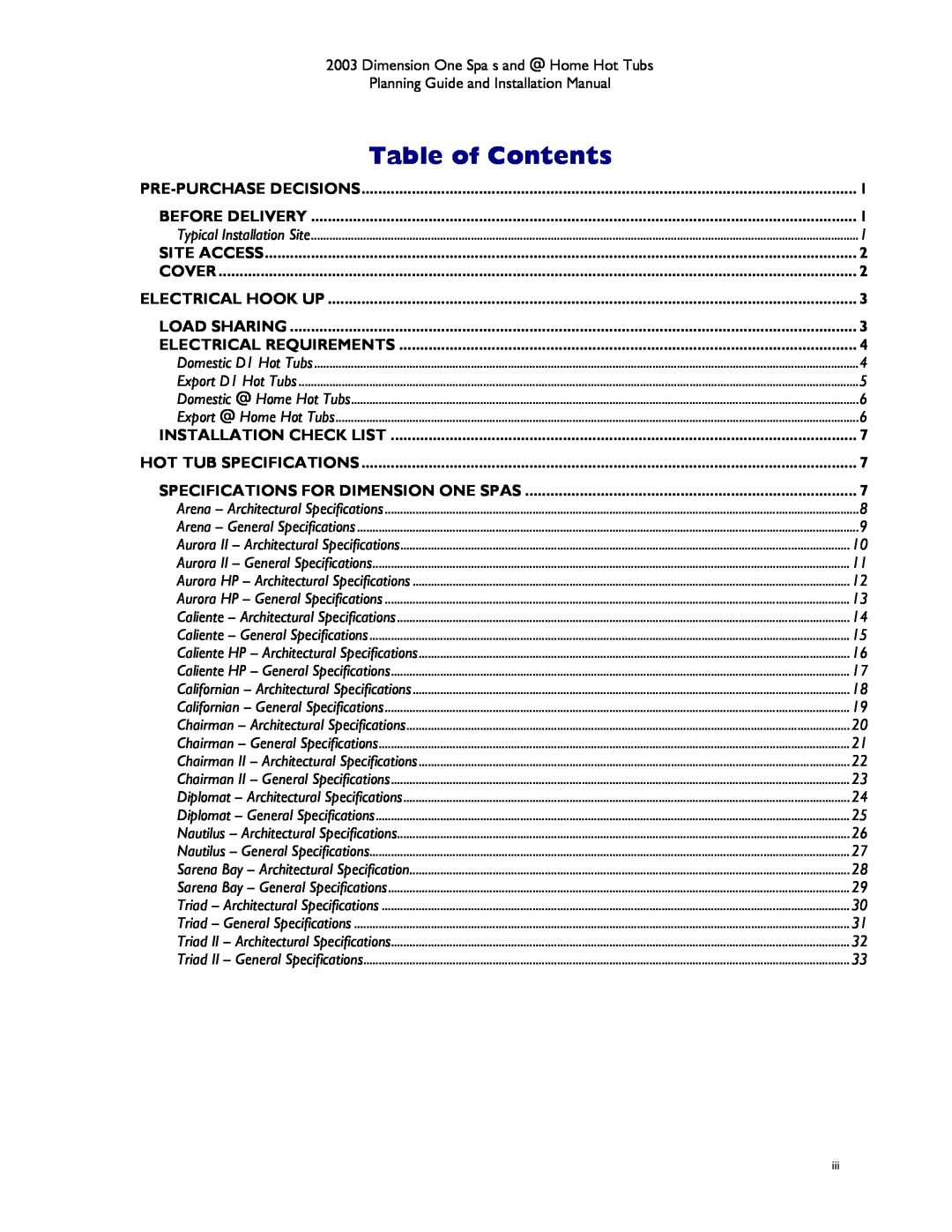 Dimension One Spas Hot Tub manual Table of Contents, Specifications For Dimension One Spas 