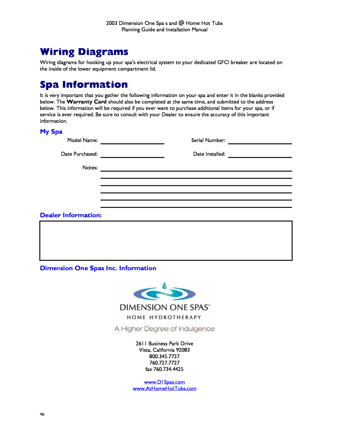 Dimension One Spas Hot Tub manual Wiring Diagrams, Spa Information, My Spa, Dealer Information 