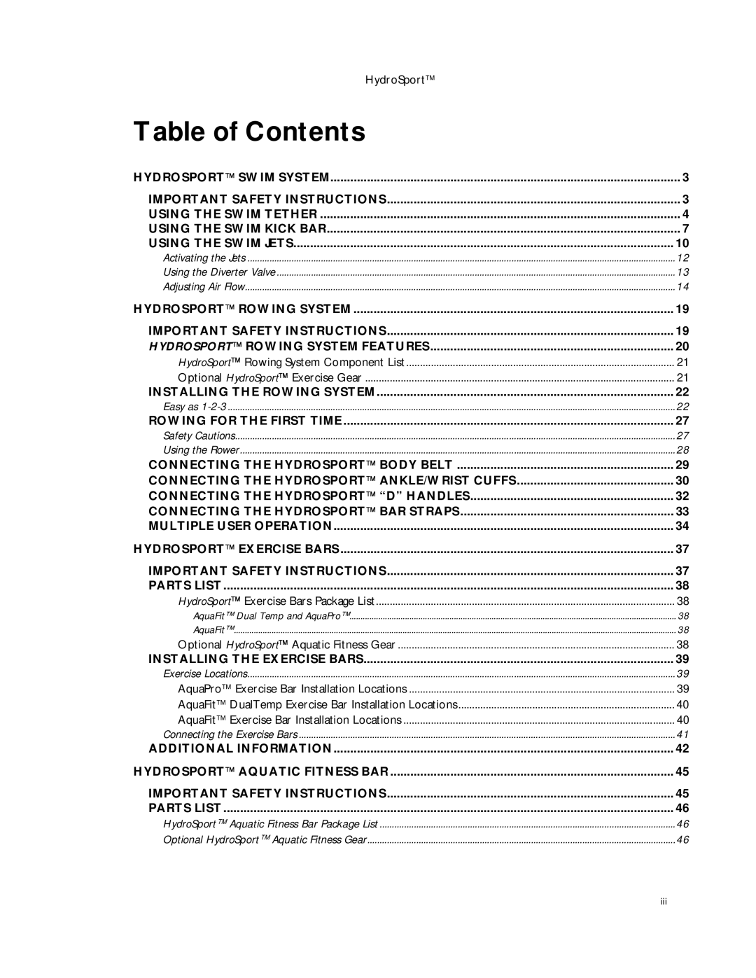 Dimension One Spas HYDRO SPORT manual Table of Contents 