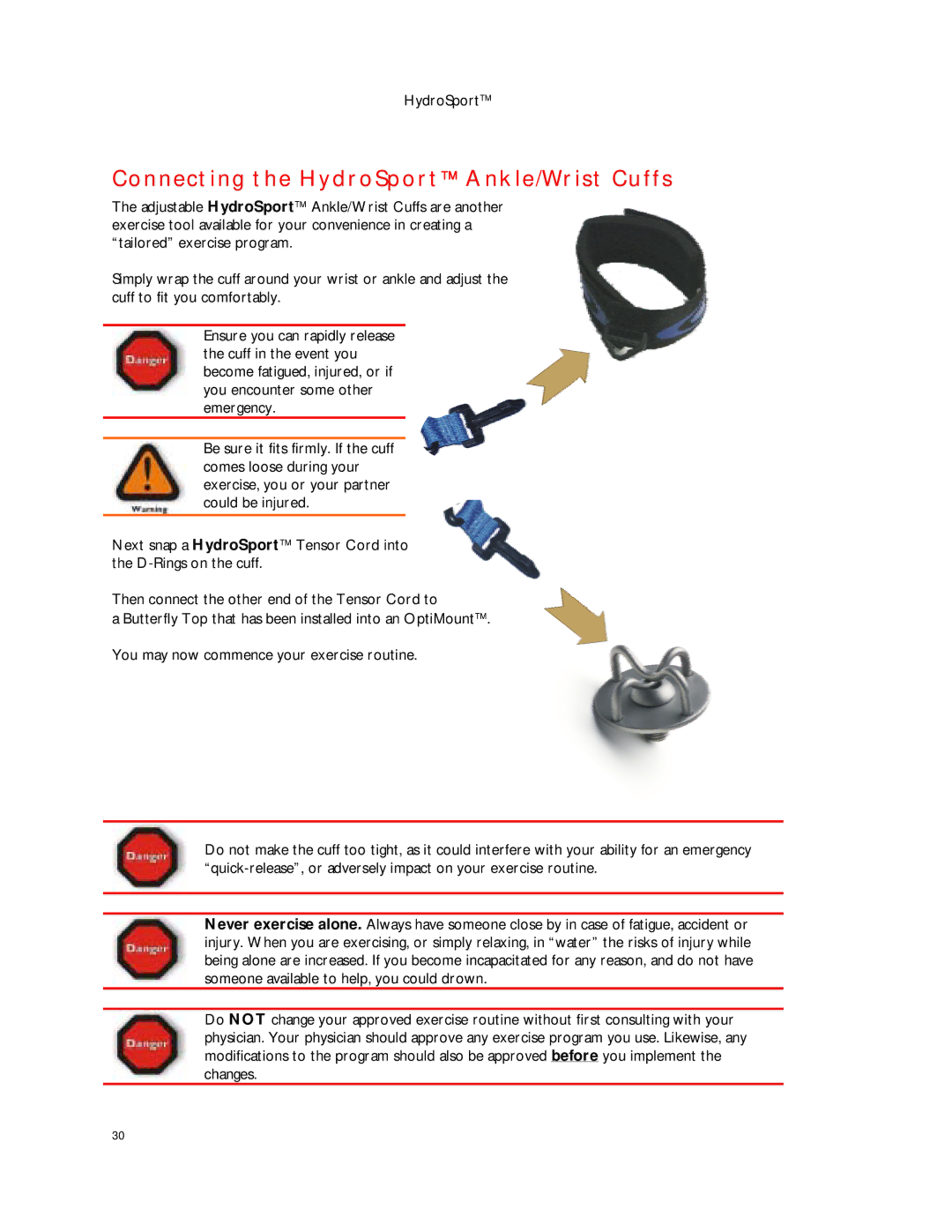 Dimension One Spas HYDRO SPORT manual Connecting the HydroSport Ankle/Wrist Cuffs 