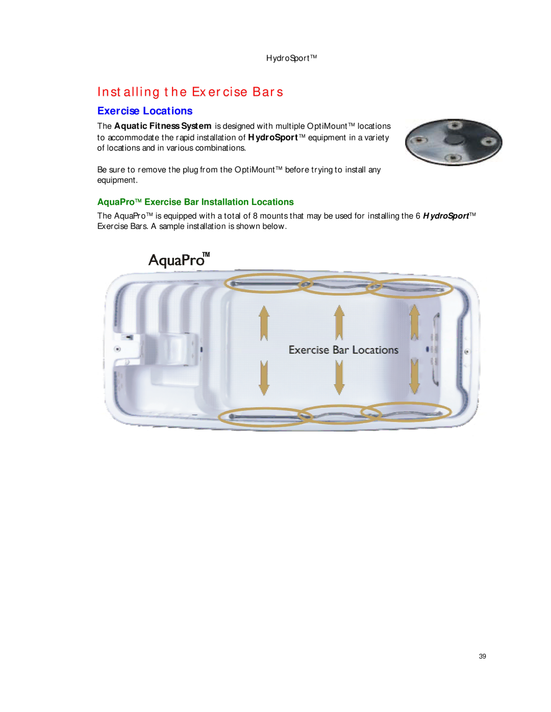 Dimension One Spas HYDRO SPORT manual Installing the Exercise Bars, Exercise Locations 
