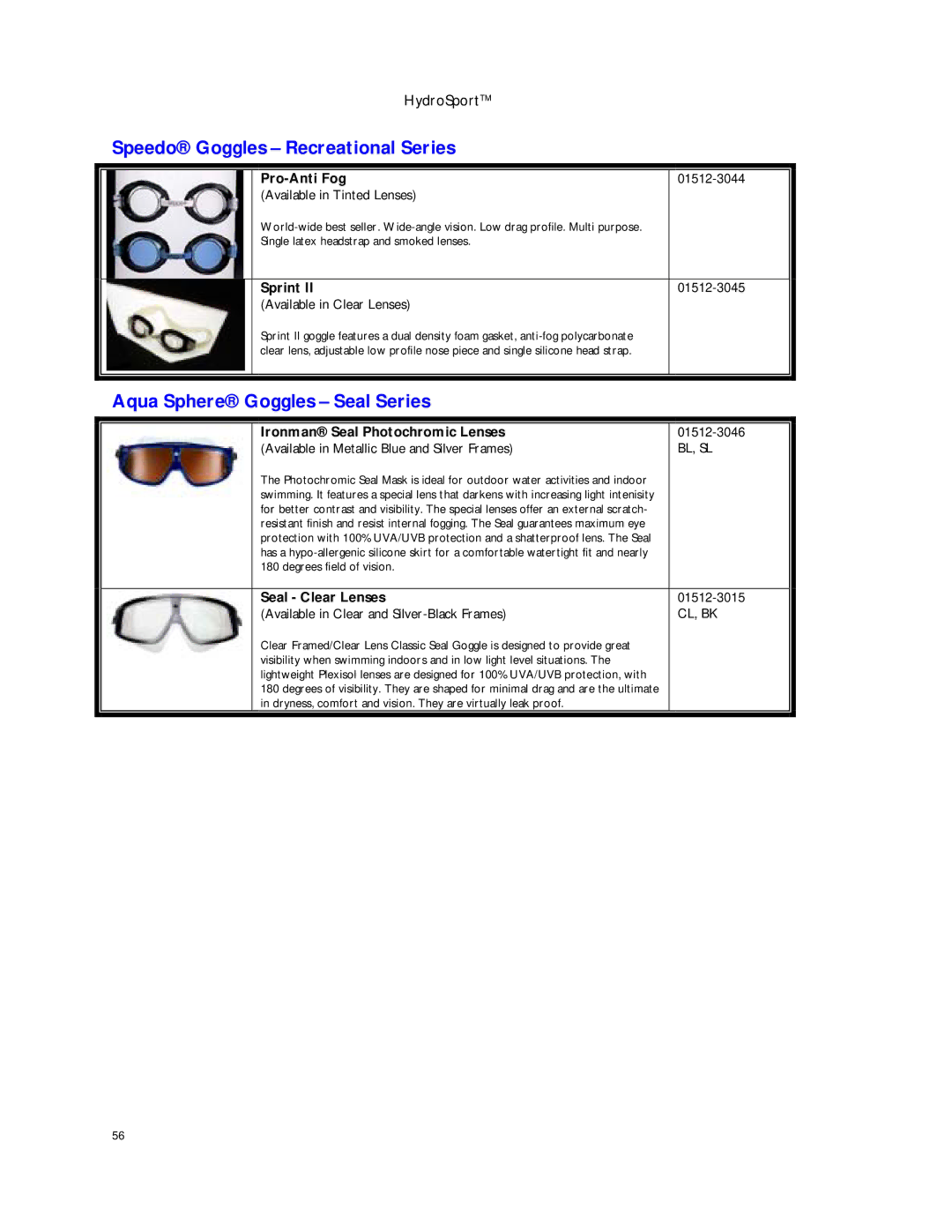 Dimension One Spas HYDRO SPORT manual Speedo Goggles Recreational Series, Aqua Sphere Goggles Seal Series 