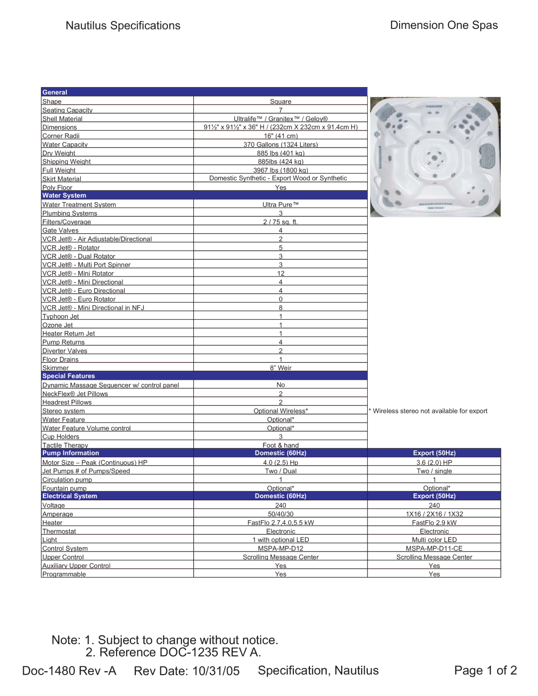 Dimension One Spas specifications Nautilus Specifications Dimension One Spas 