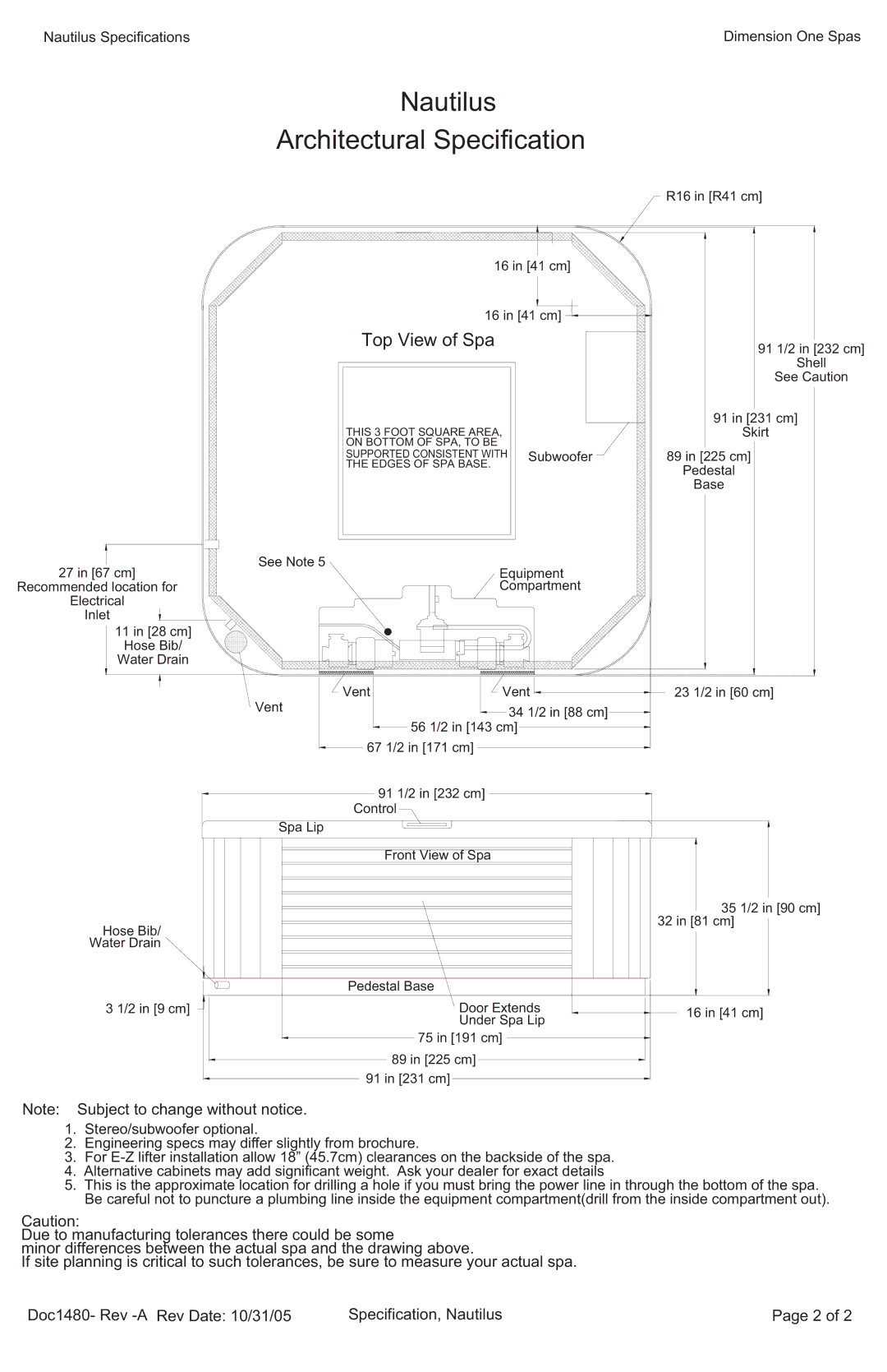 Dimension One Spas specifications Nautilus Architectural Specification, Top View of Spa 