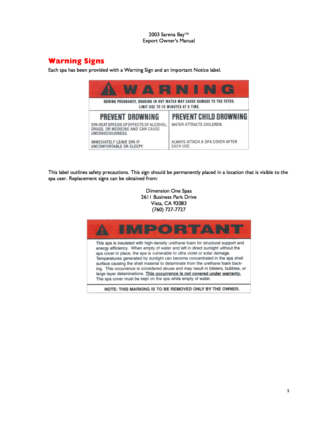 Dimension One Spas manual Warning Signs, Sarena Bay Export Owner’s Manual 