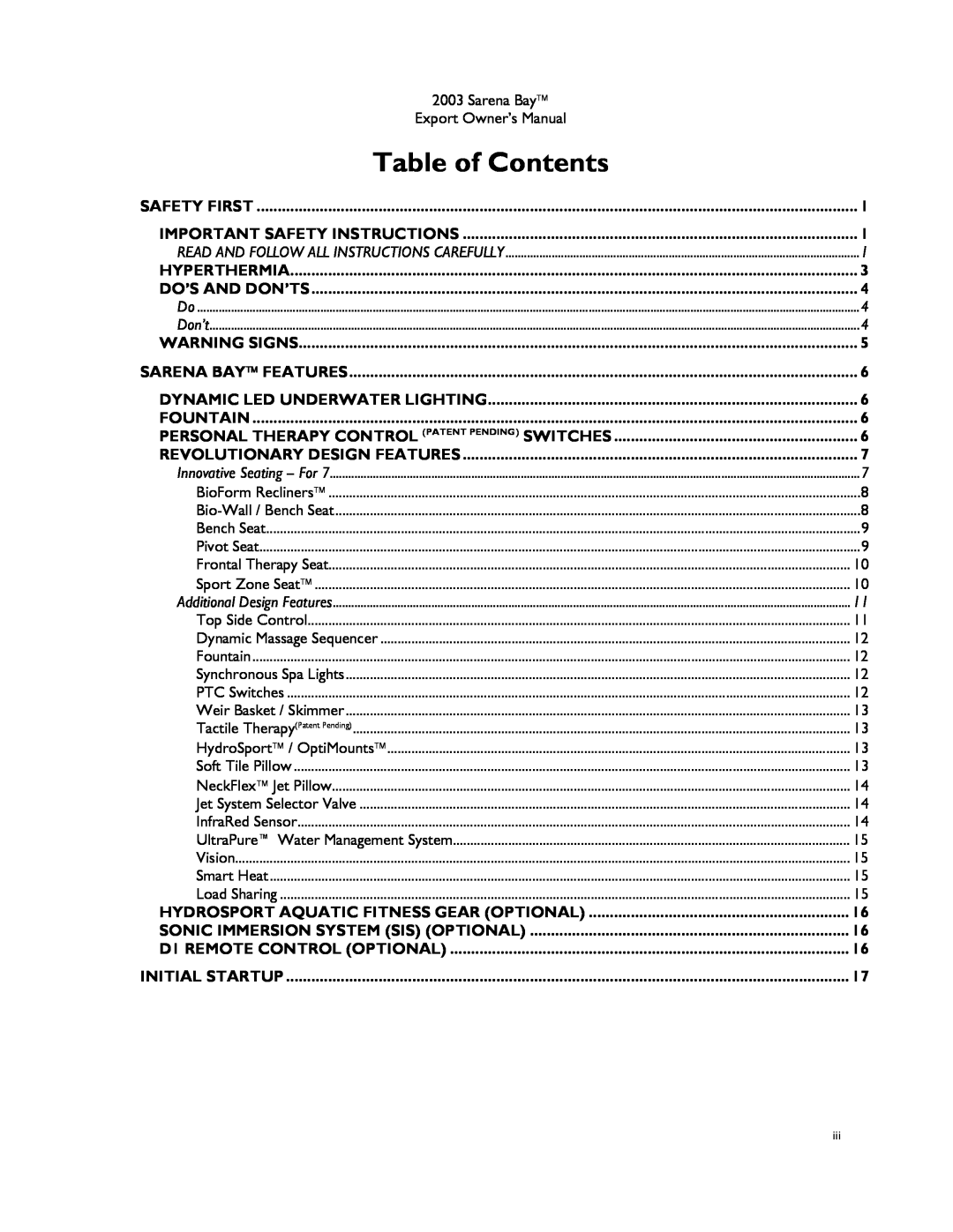 Dimension One Spas Sarena Bay Table of Contents, Personal Therapy Control Patent Pending Switches, Export Owner’s Manual 