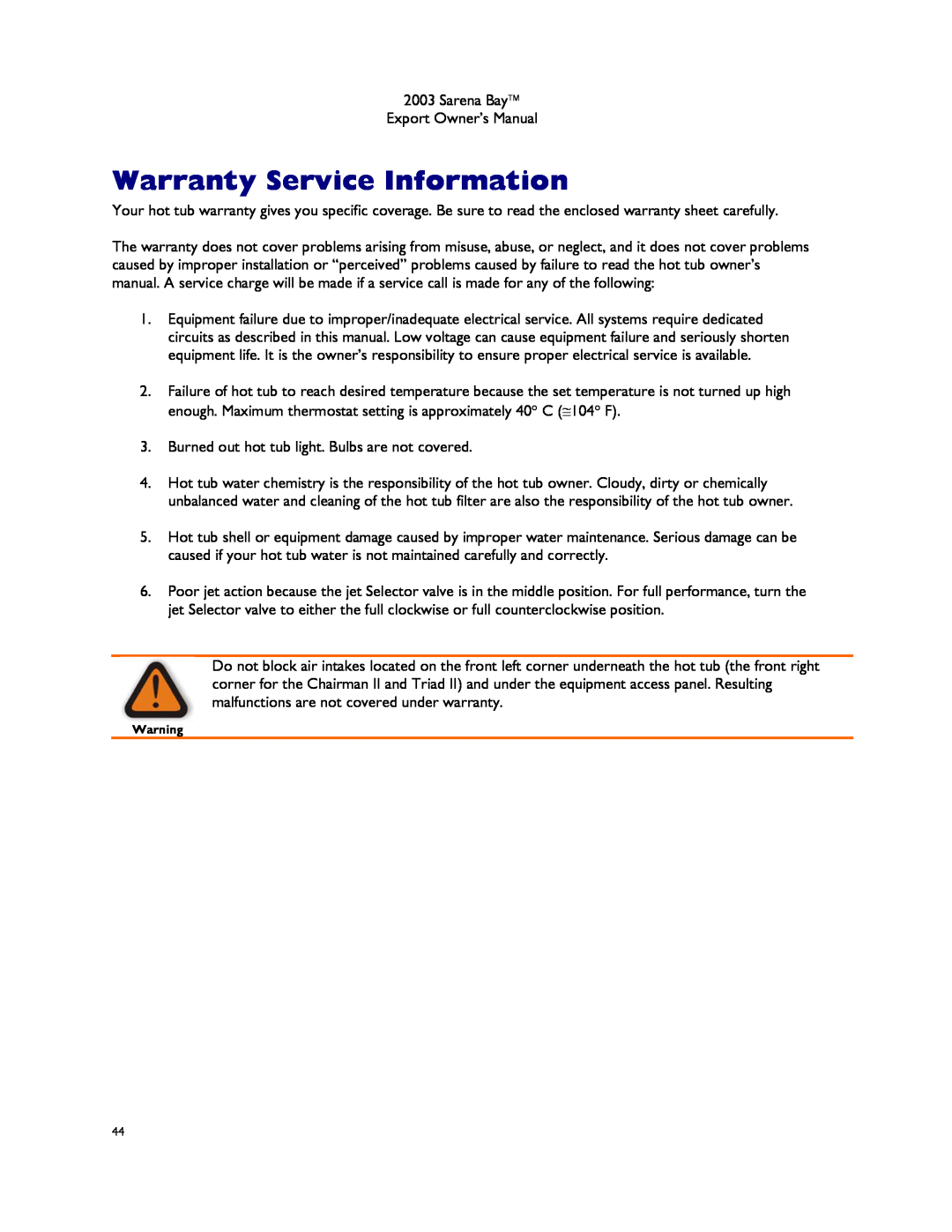 Dimension One Spas Sarena Bay manual Warranty Service Information 
