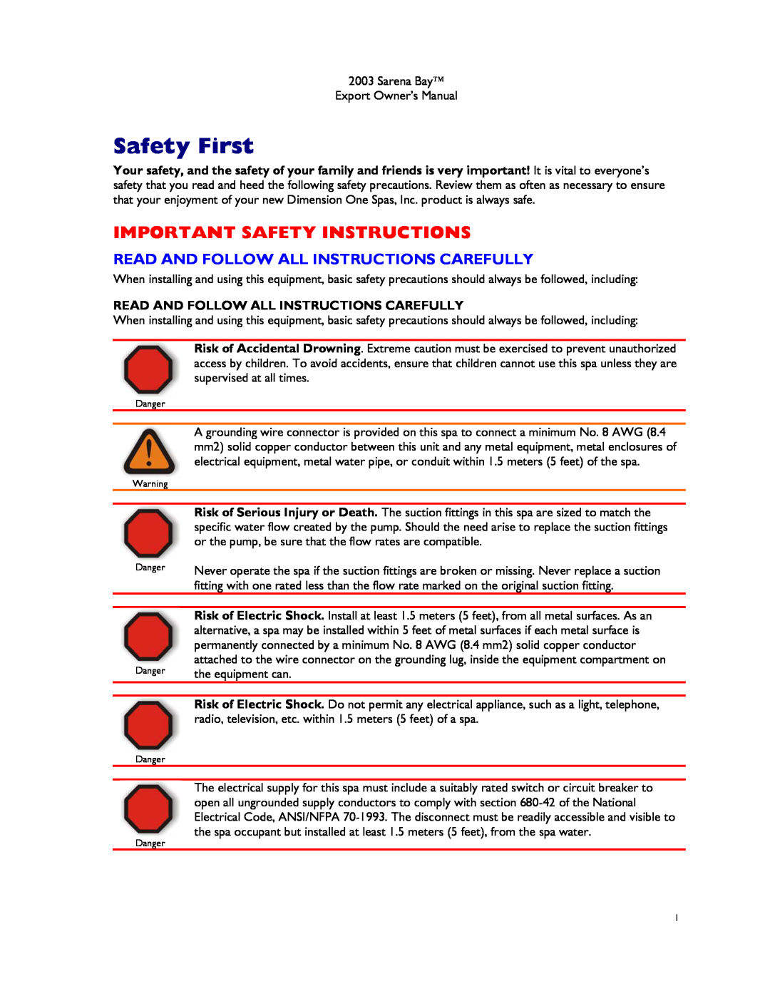 Dimension One Spas Sarena Bay Safety First, Important Safety Instructions, Read And Follow All Instructions Carefully 
