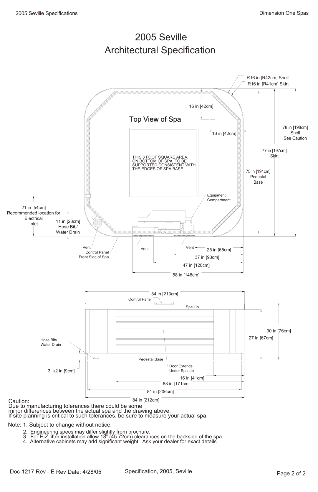 Dimension One Spas specifications Seville Architectural Specification, Top View of Spa 