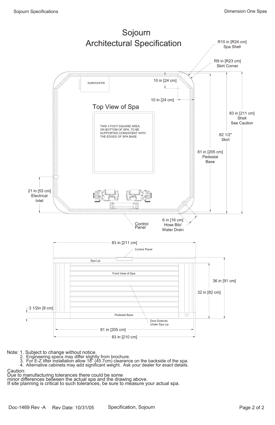 Dimension One Spas specifications Sojourn Architectural Specification, Top View of Spa 