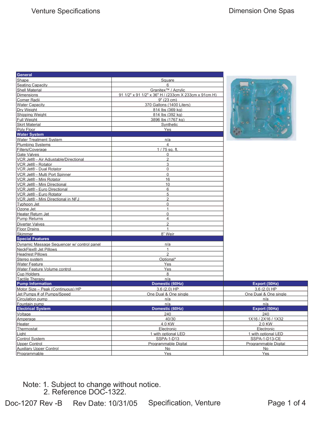 Dimension One Spas specifications Venture Specifications Dimension One Spas 