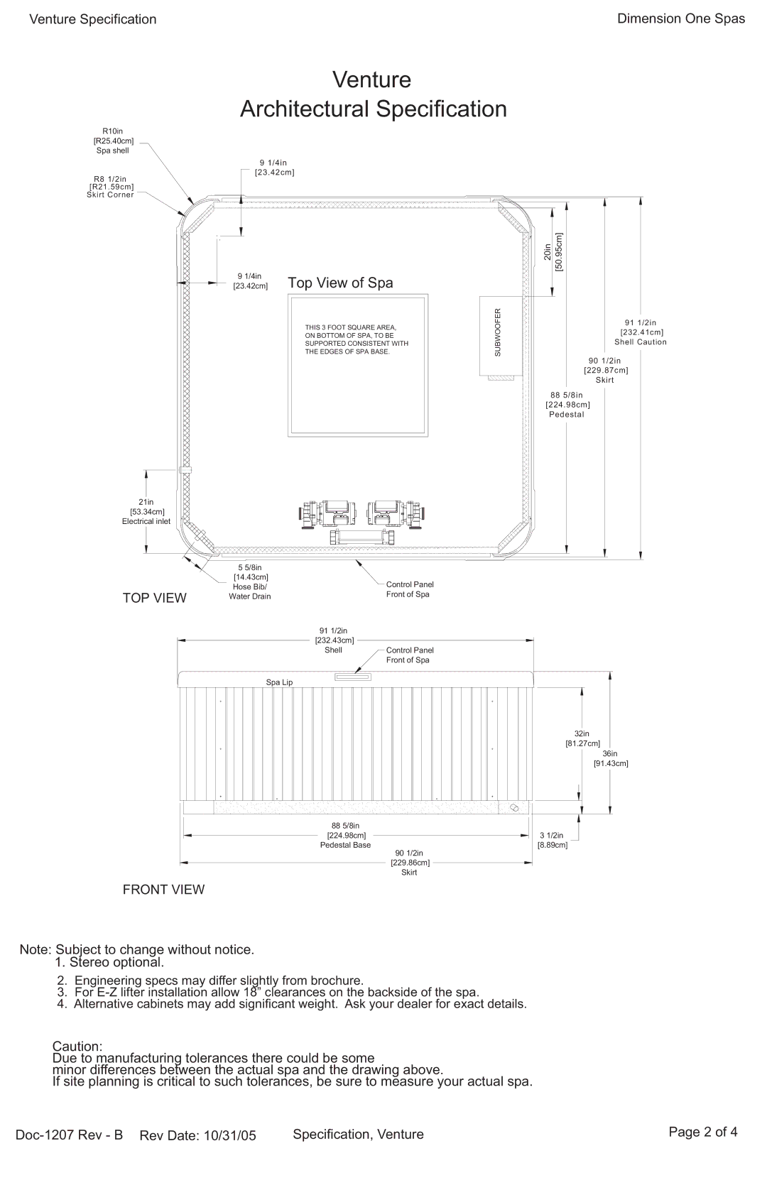 Dimension One Spas specifications Venture Architectural Specification, 23.42cm Top View of Spa 