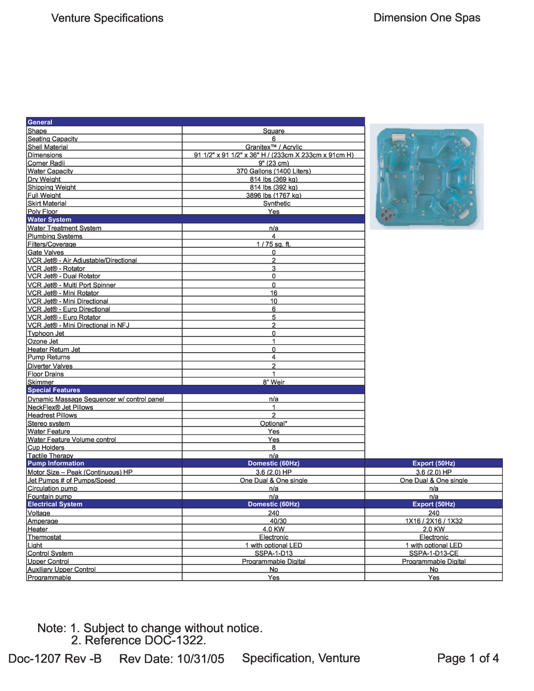 Dimension One Spas Venture specifications Page 1 of, General, Water System, Special Features, Pump Information 