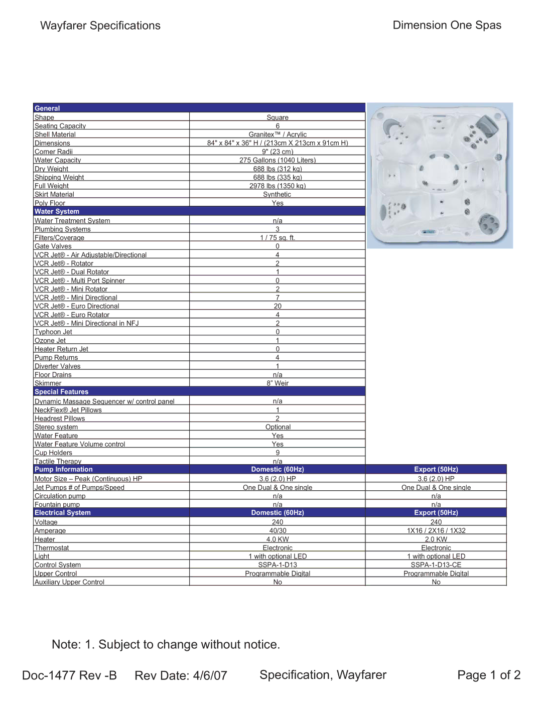 Dimension One Spas specifications Wayfarer Specifications Dimension One Spas 