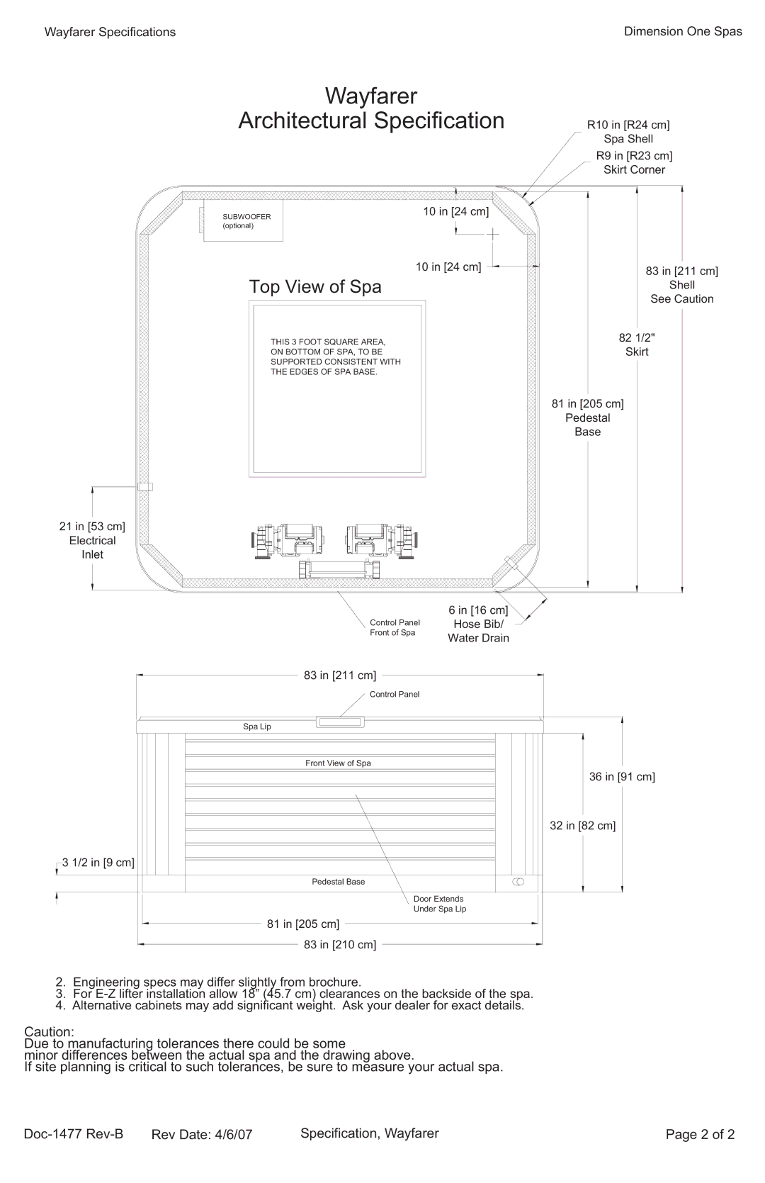 Dimension One Spas specifications Wayfarer Architectural Specification, Top View of Spa 