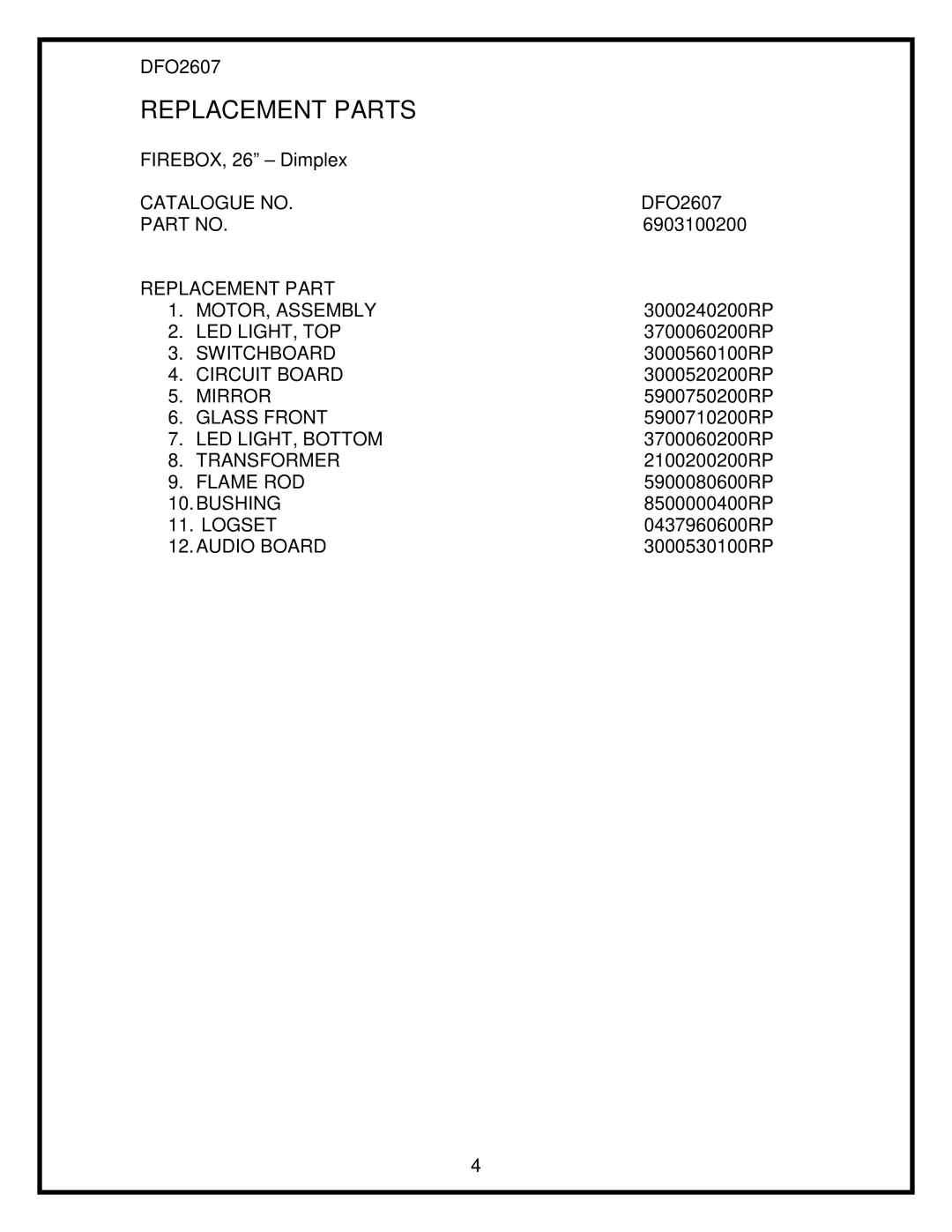 Dimplex 26 service manual Catalogue no, Replacement Part 