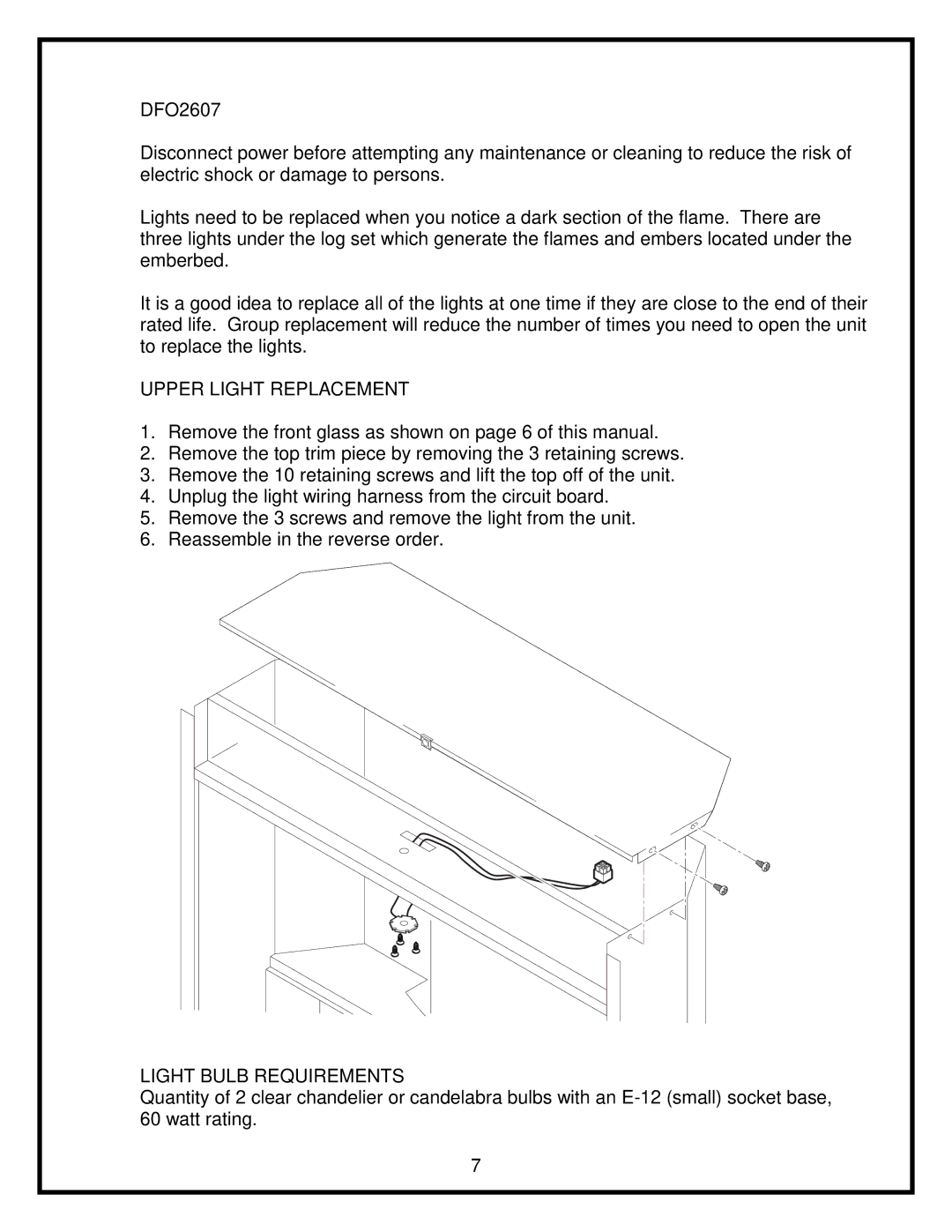 Dimplex 26 service manual Upper Light Replacement, Light Bulb Requirements 