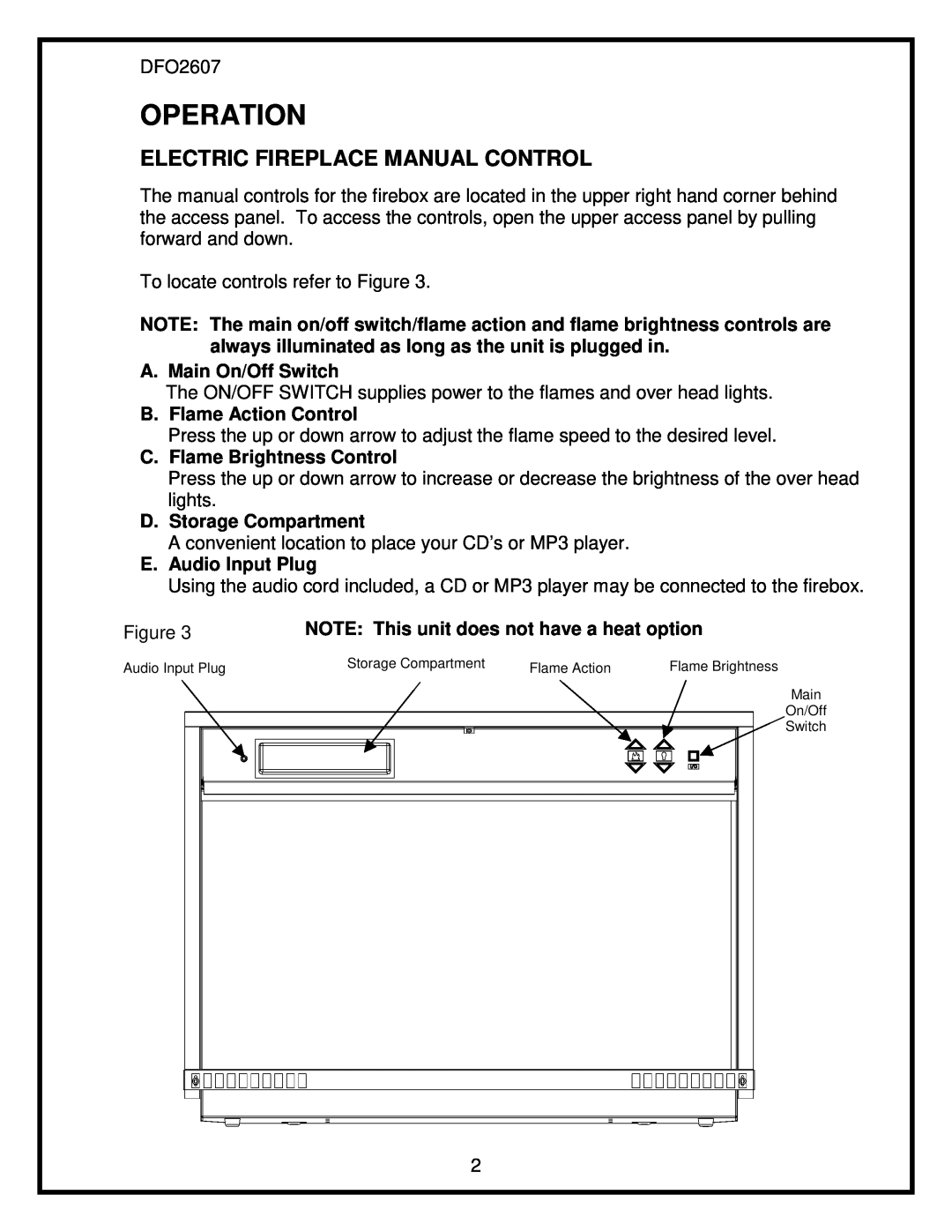 Dimplex 26 service manual Operation, Electric Fireplace Manual Control 