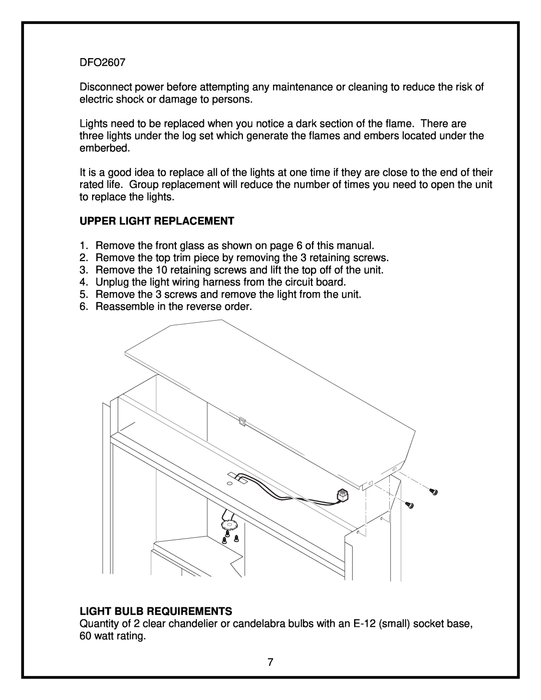 Dimplex 26 service manual Upper Light Replacement, Light Bulb Requirements 