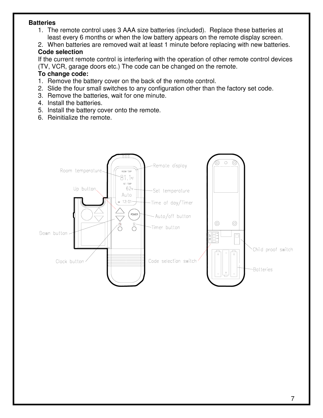 Dimplex 30 FIREPLACE manual Batteries, Code selection, To change code 