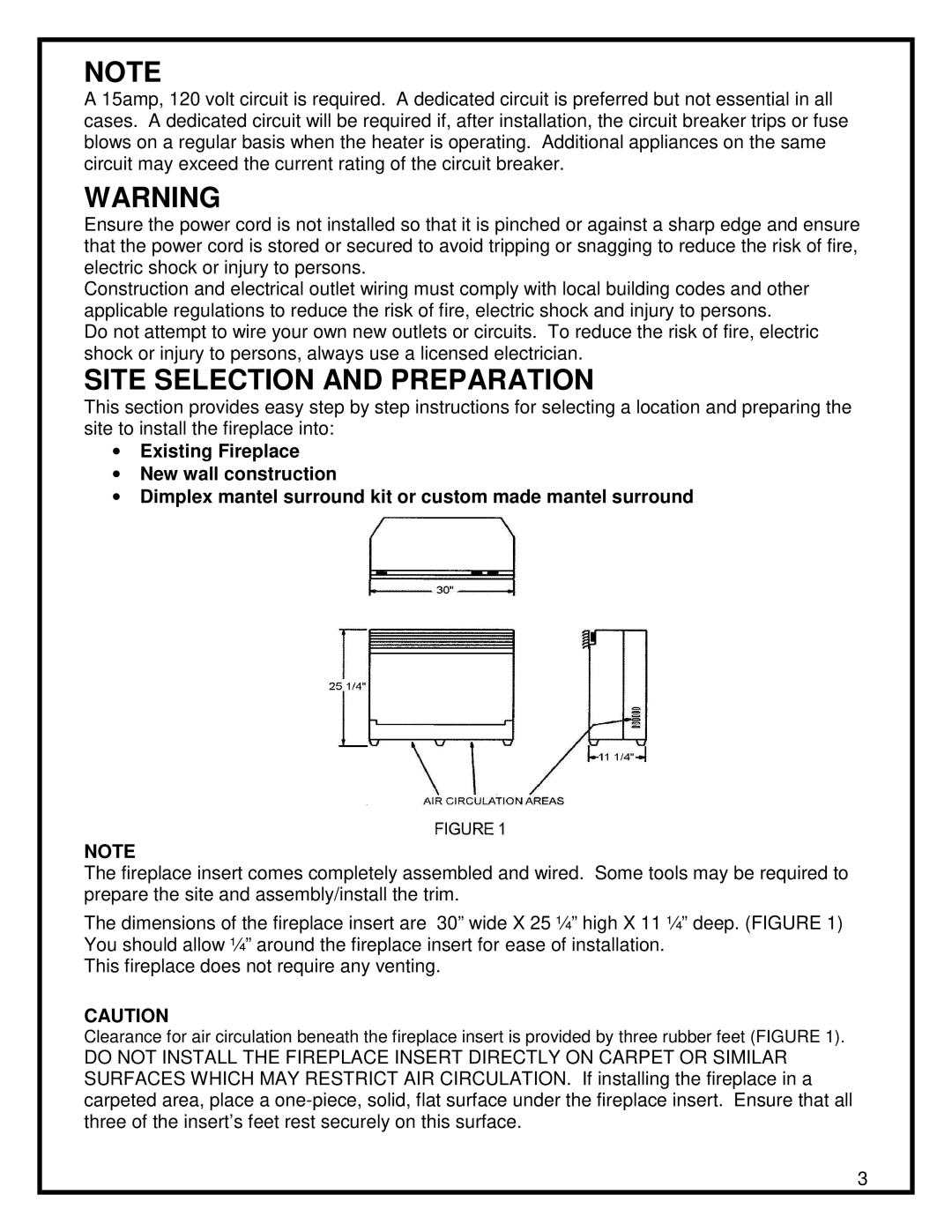 Dimplex 30 FIREPLACE manual Site Selection and Preparation 