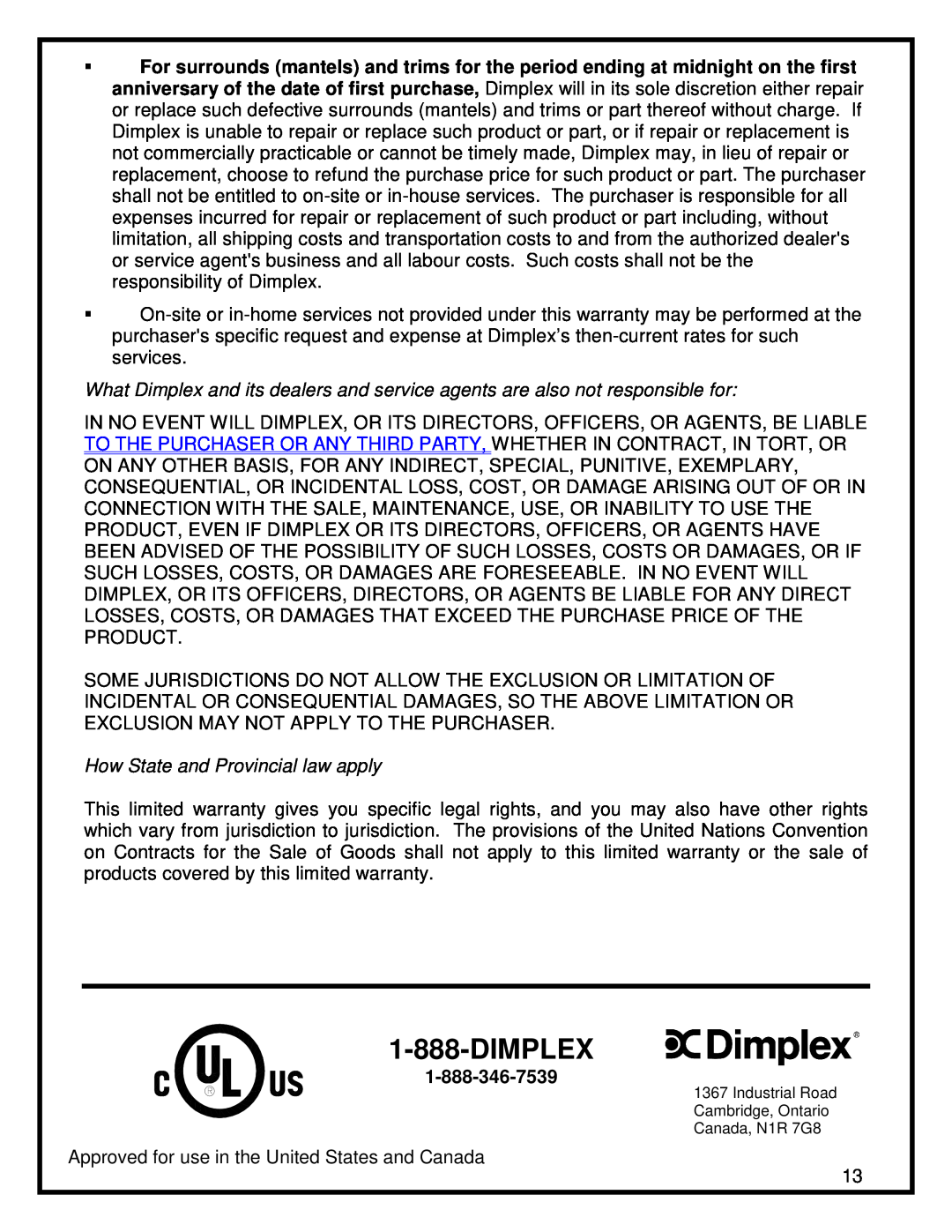 Dimplex 30" FIREPLACE manual Dimplex, How State and Provincial law apply 