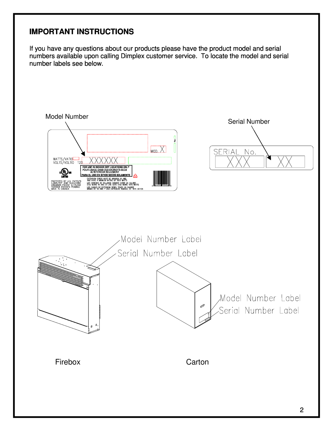 Dimplex 30" FIREPLACE manual Important Instructions, Firebox, Carton 