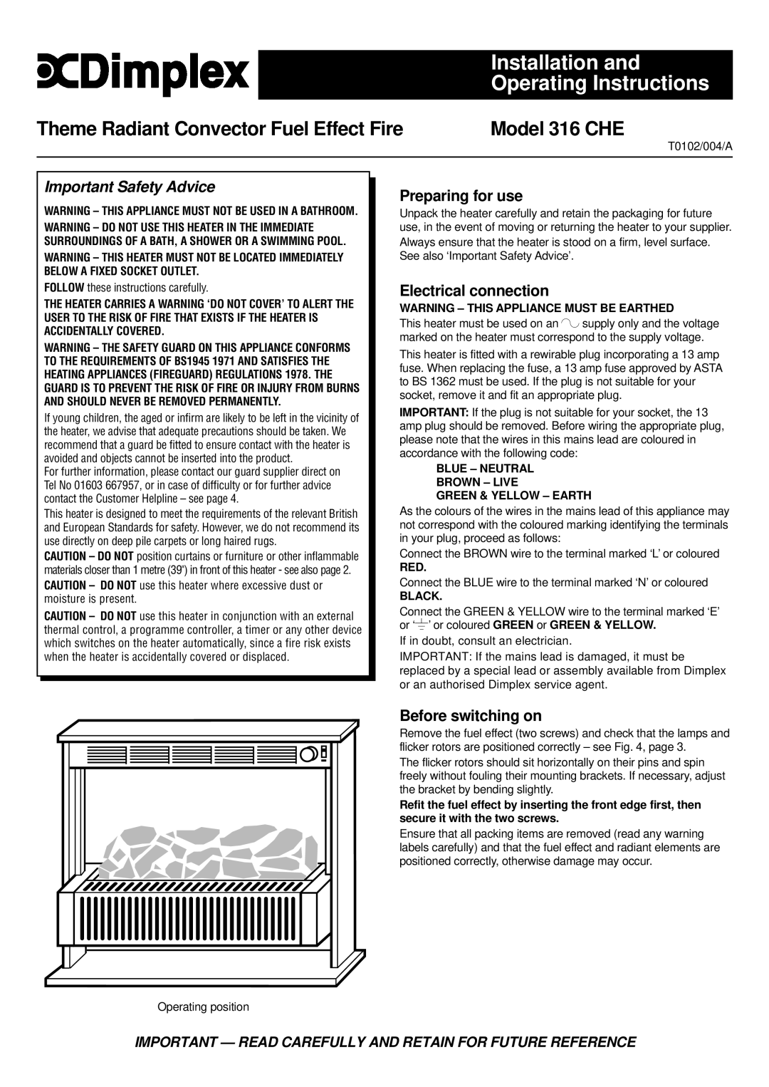 Dimplex 316 CHE manual Preparing for use, Electrical connection, Before switching on 