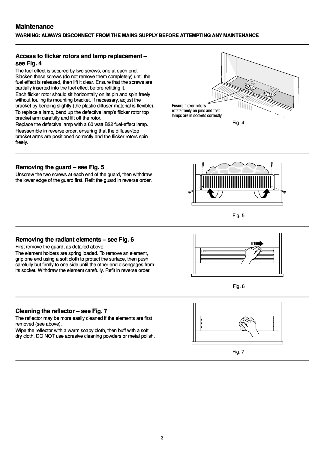 Dimplex 316 CHE manual Maintenance, Removing the guard - see Fig, Removing the radiant elements - see Fig 