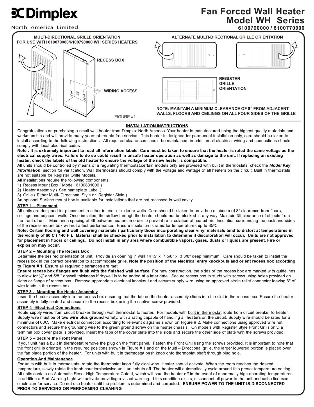 Dimplex 6100770000, 6100790000 installation instructions MULTI-DIRECTIONAL Grille Orientation, Recess BOX Wiring Access 