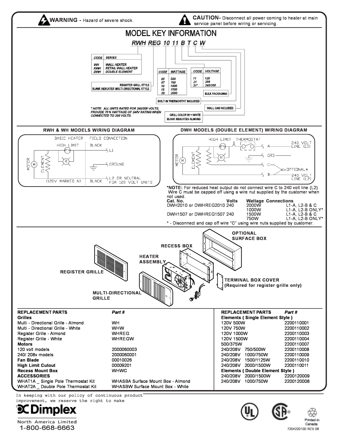 Dimplex 6100790000 Rwh & Wh Models Wiring Diagram, Dwh Models Double Element Wiring Diagram, Volts, Wattage Connections 