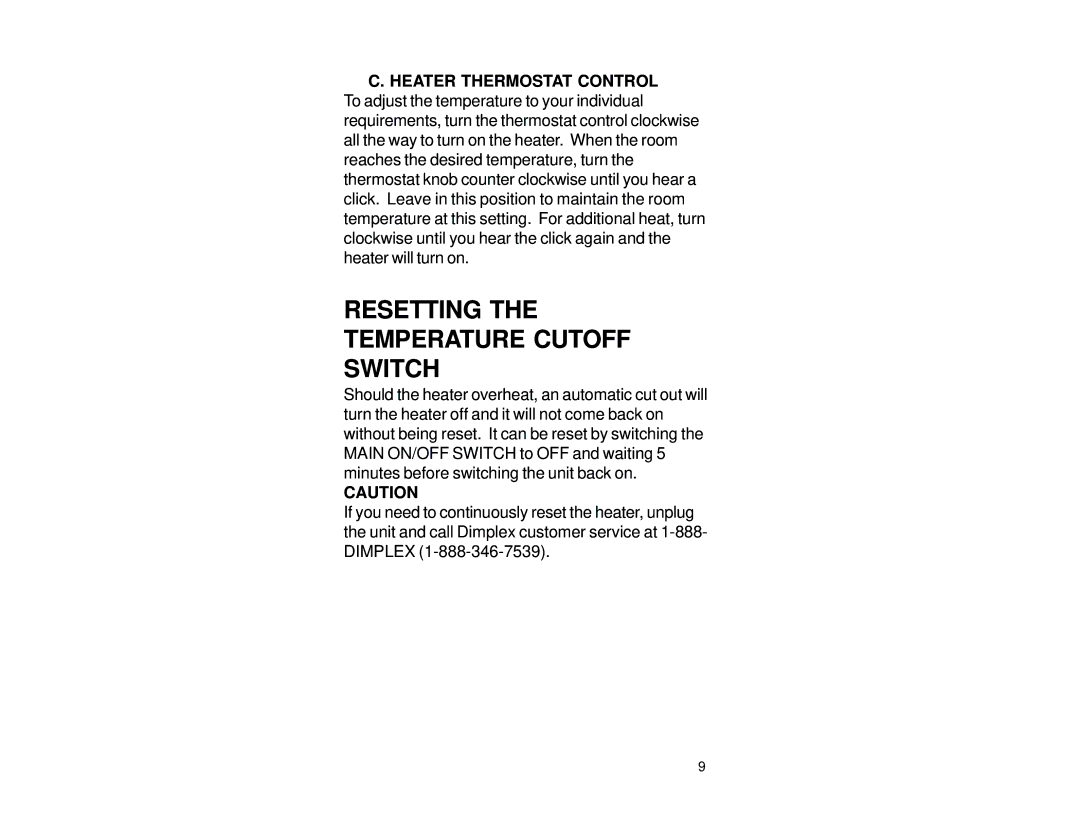 Dimplex 6903950000 manual Resetting the Temperature Cutoff Switch 