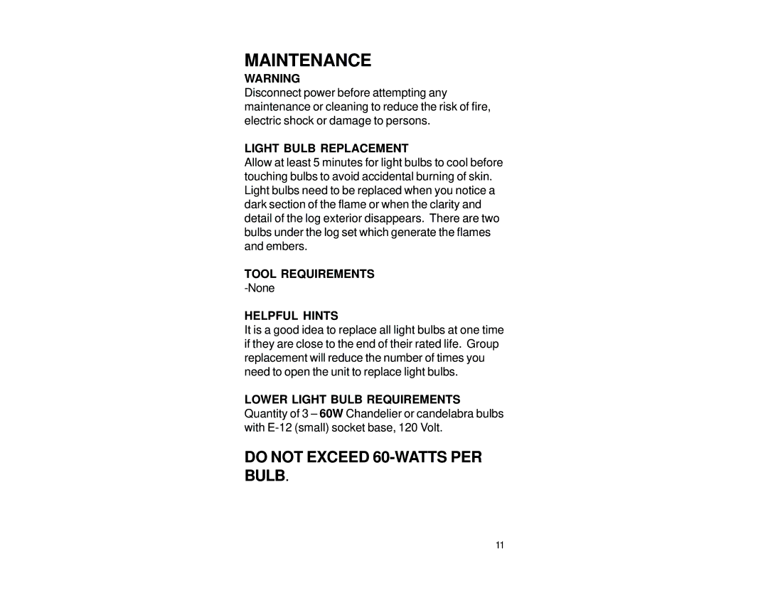 Dimplex 6903950000 manual Maintenance, Light Bulb Replacement, Helpful Hints 