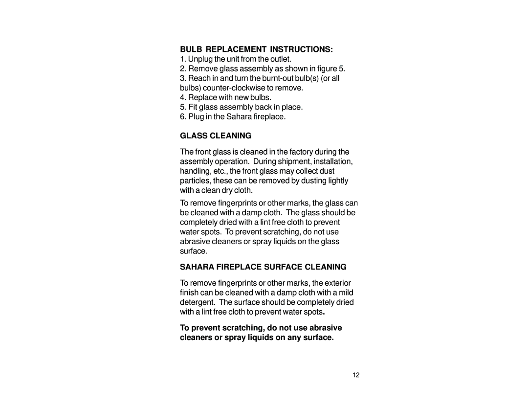 Dimplex 6903950000 manual Bulb Replacement Instructions, Glass Cleaning, Sahara Fireplace Surface Cleaning 