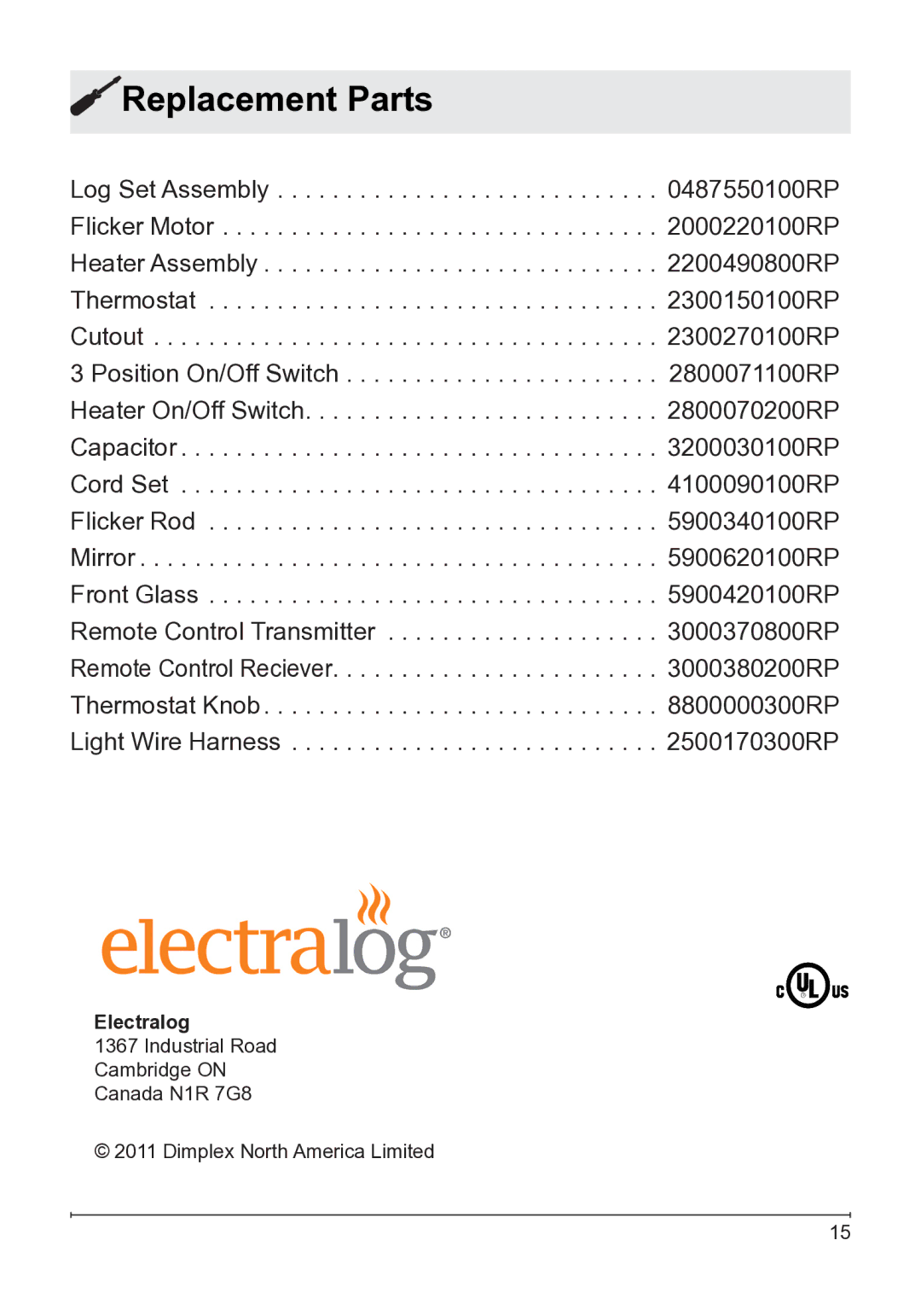 Dimplex 7207250100R05 owner manual Replacement Parts 