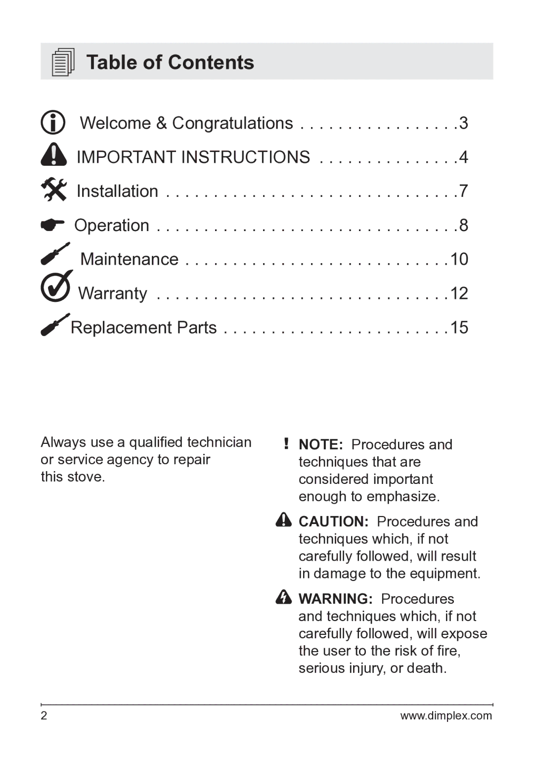 Dimplex 7207250100R05 owner manual Table of Contents 