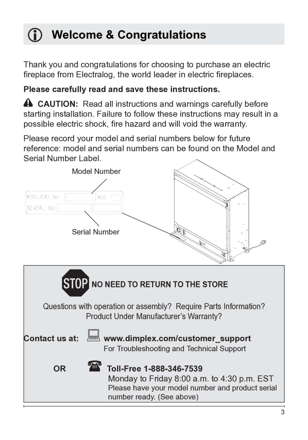 Dimplex 7207250100R05 Welcome & Congratulations, Please carefully read and save these instructions, Or  Toll-Free 