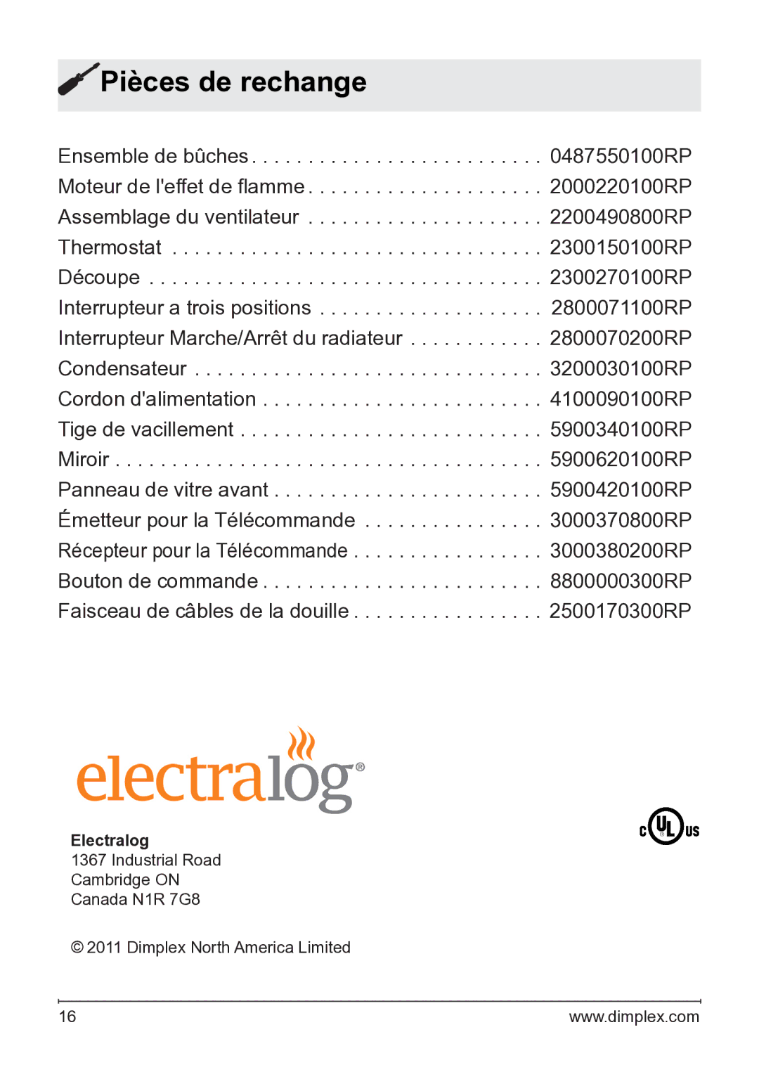 Dimplex 7207250100R05 owner manual Pièces de rechange 