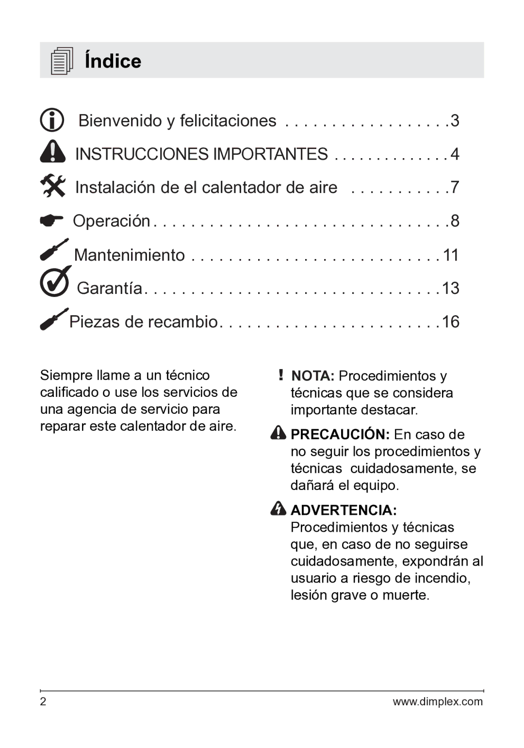 Dimplex 7207250100R05 owner manual Índice 