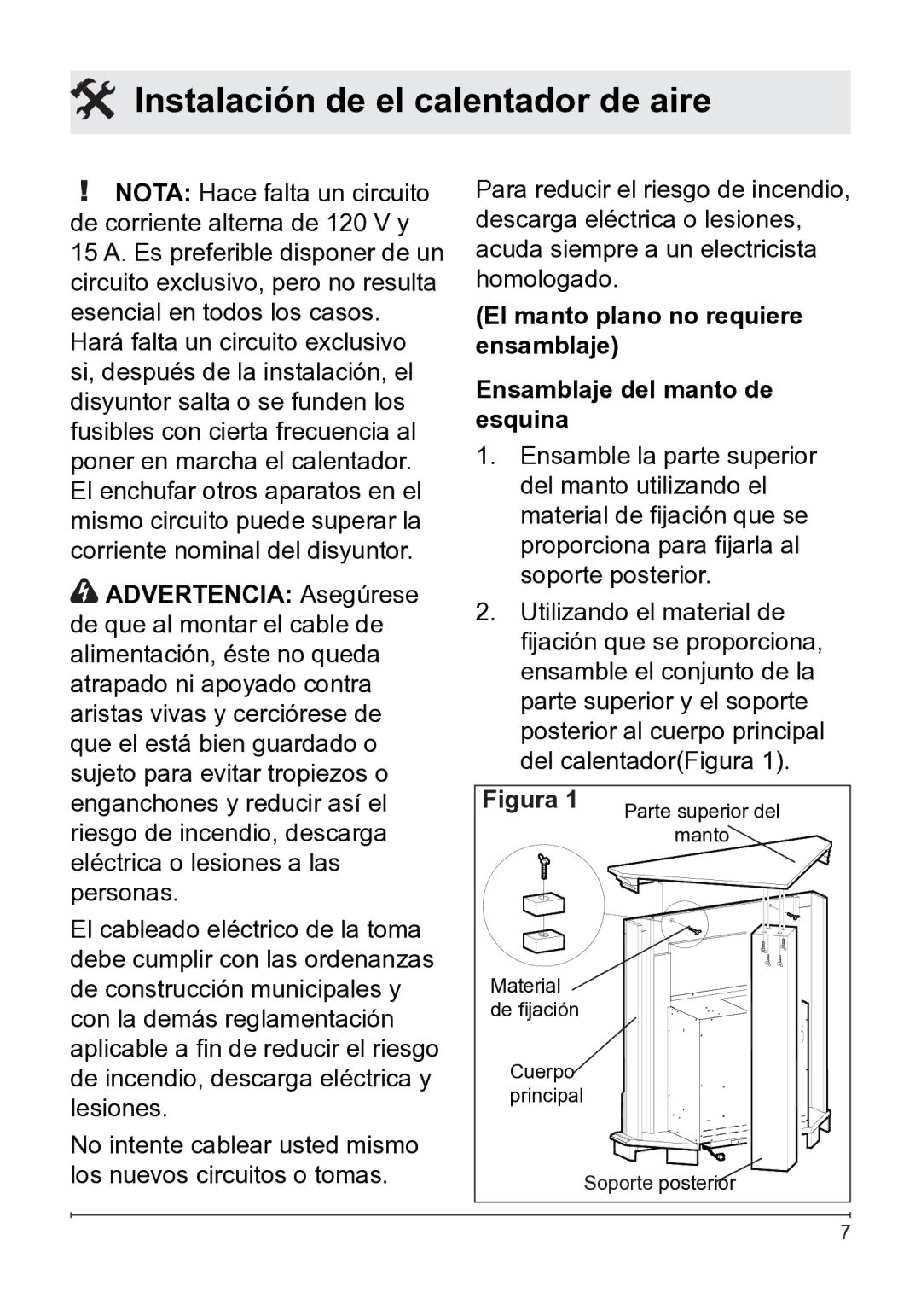 Dimplex 7207250100R05 owner manual Instalación de el calentador de aire 