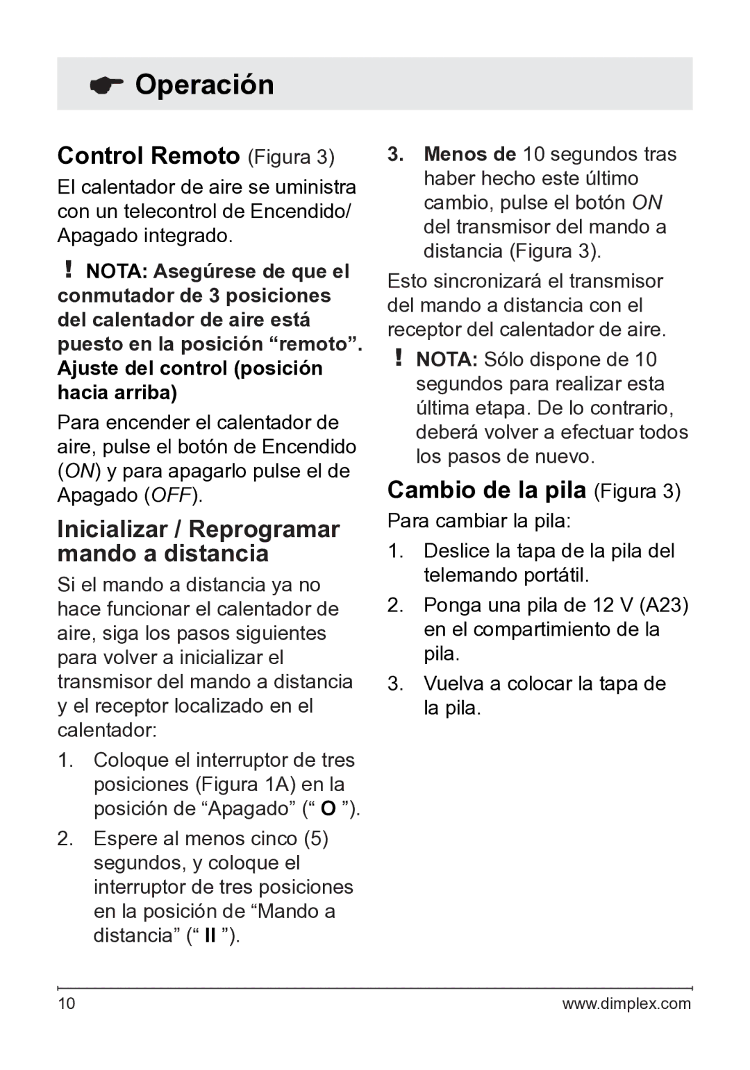 Dimplex 7207250100R05 Control Remoto Figura, Inicializar / Reprogramar mando a distancia, Cambio de la pila Figura 