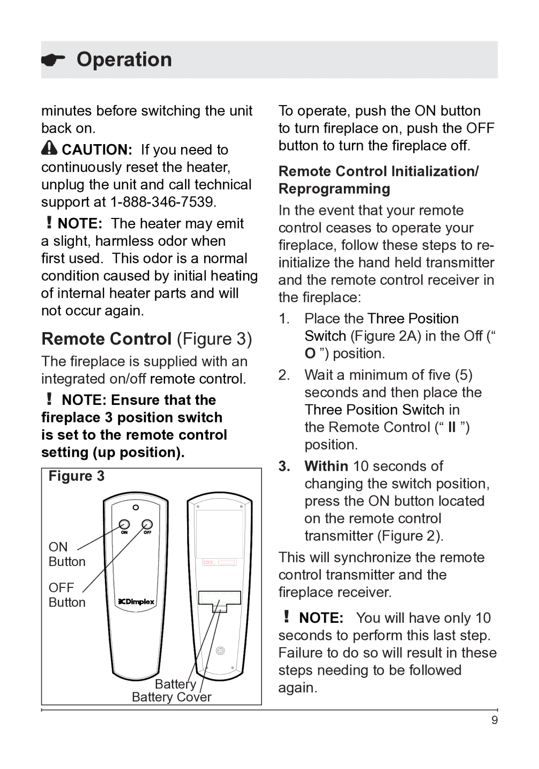 Dimplex 7207250100R05 owner manual Remote Control Figure, Remote Control Initialization/ Reprogramming 