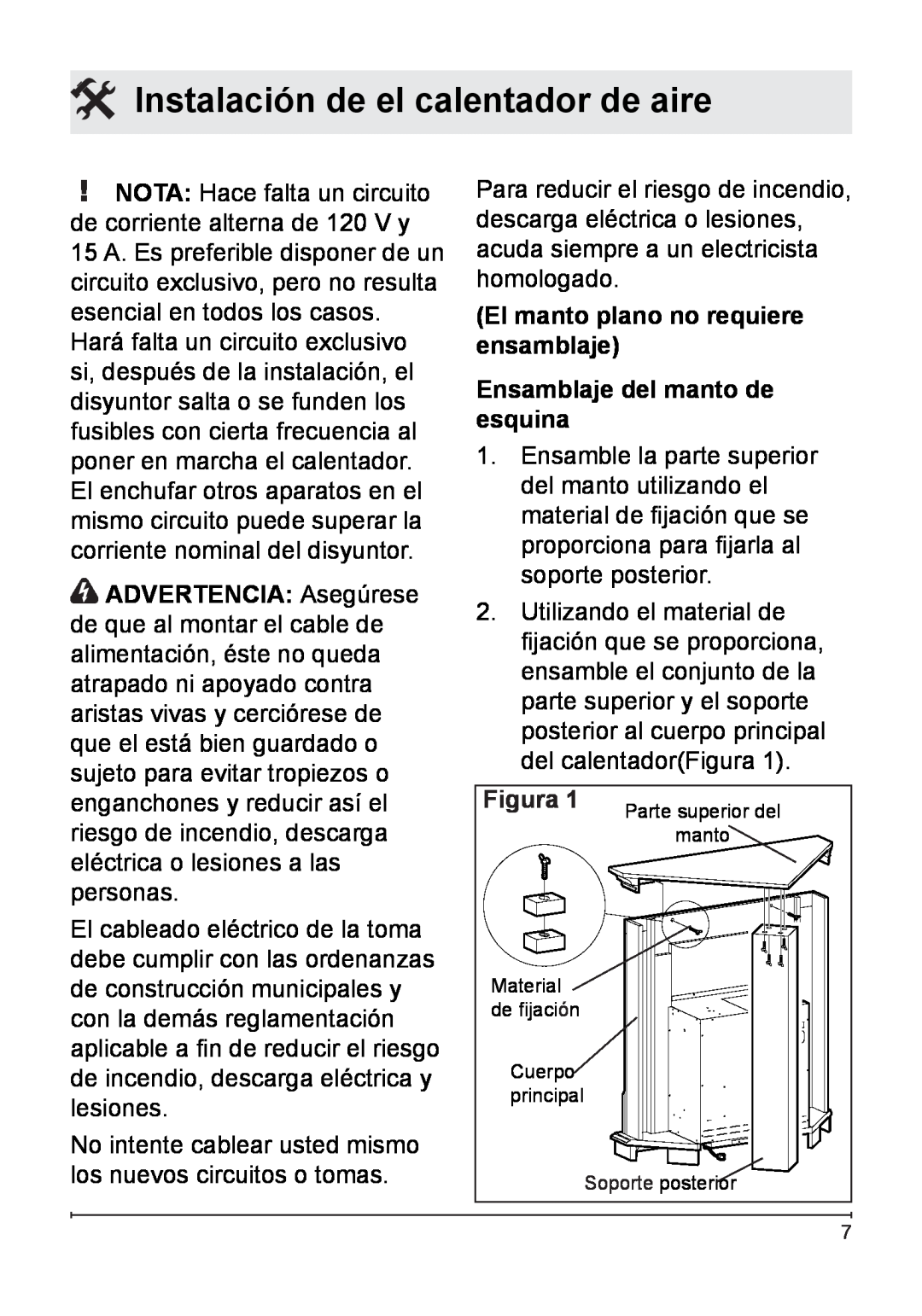Dimplex 7207250100R05 Instalación de el calentador de aire, El manto plano no requiere, ensamblaje, esquina, Figura 