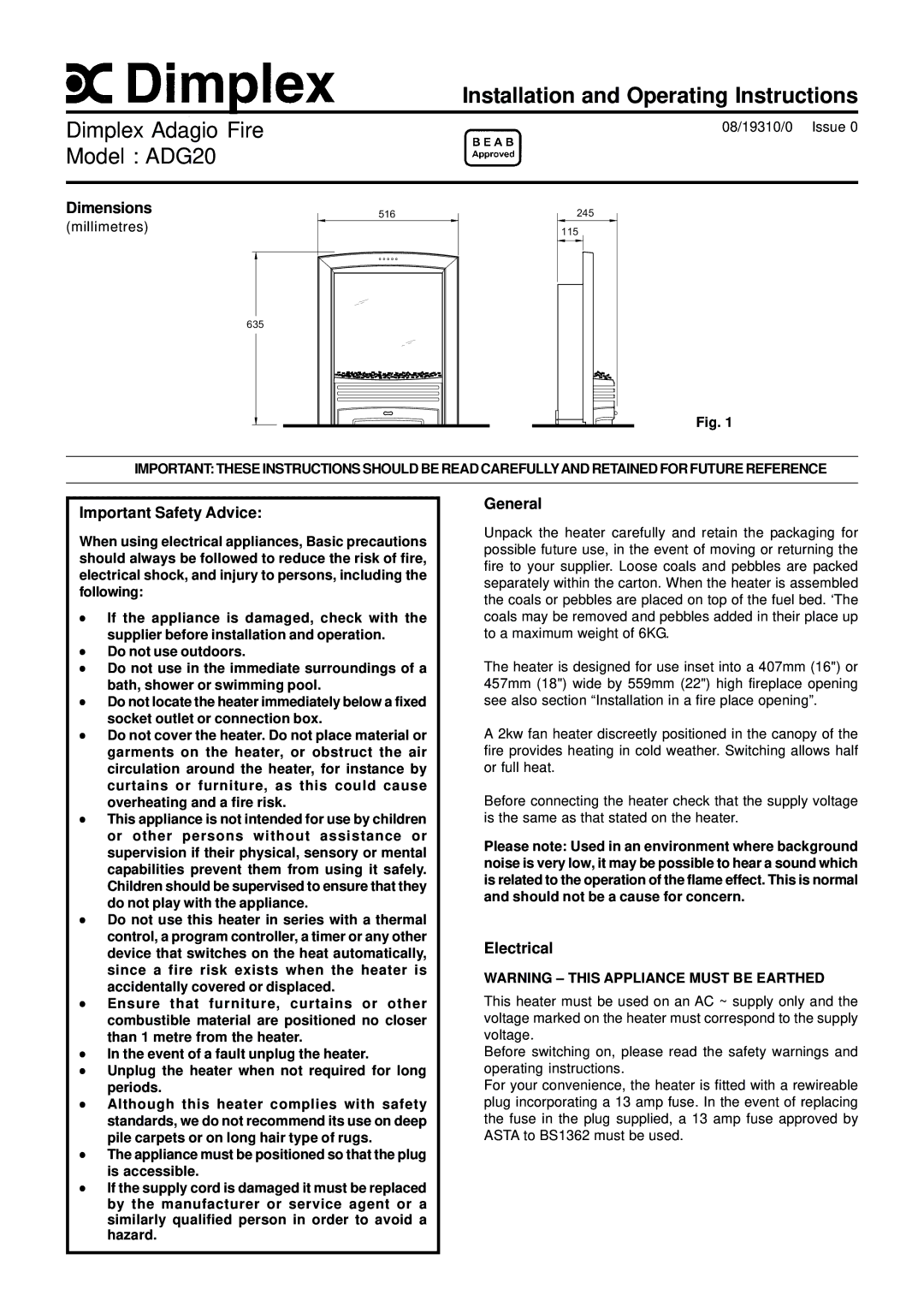 Dimplex ADG20 dimensions Dimensions, Important Safety Advice, General, Electrical 