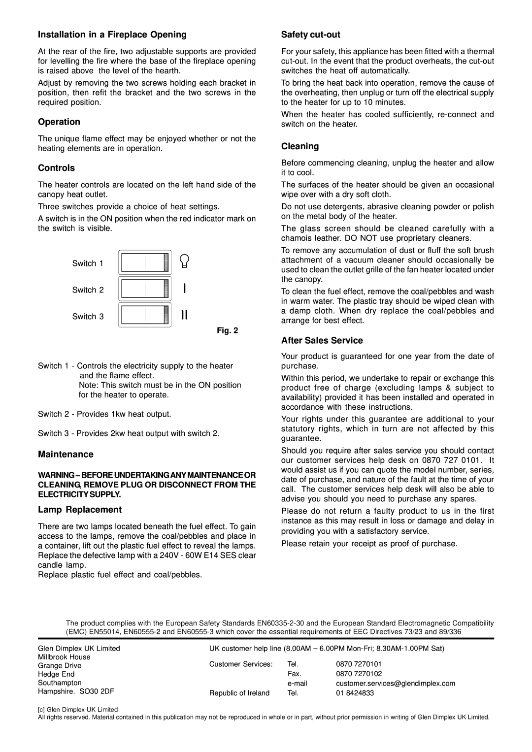 Dimplex ADG20 Installation in a Fireplace Opening, Operation, Controls, Safety cut-out, Cleaning, After Sales Service 