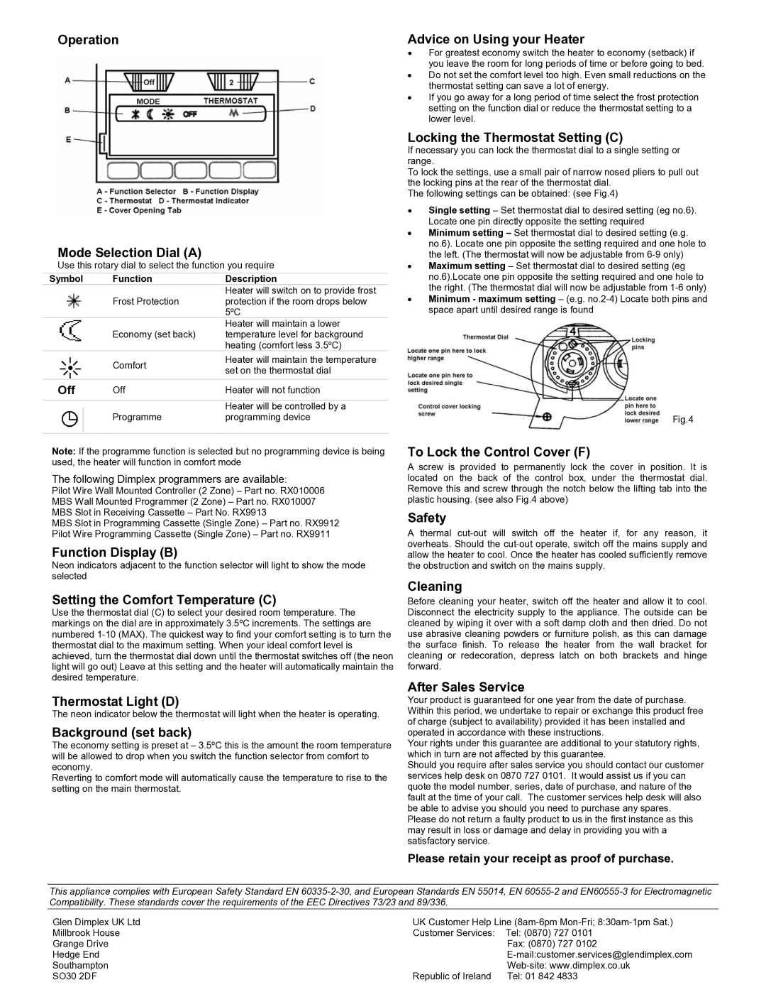 Dimplex APL100 Operation Mode Selection Dial a, Function Display B, Setting the Comfort Temperature C, Thermostat Light D 